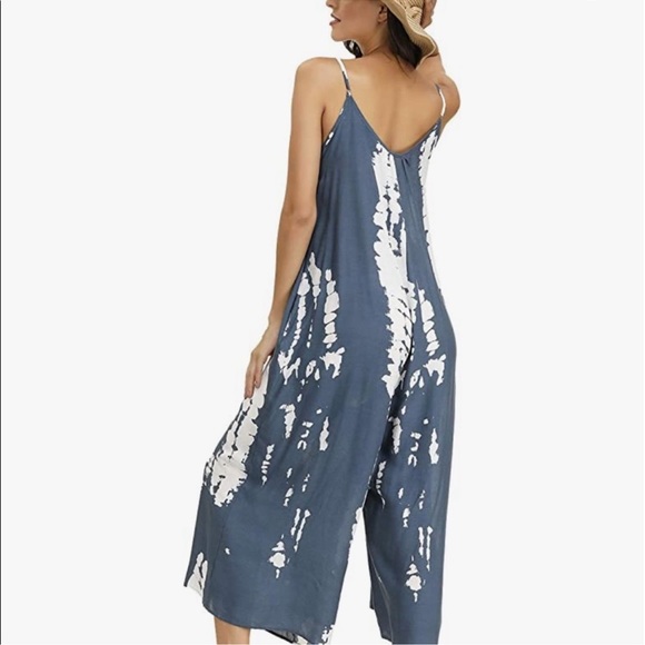 Buenos Ninos Jumpsuit Adult Small Blue White Wide Leg Pocket Tie Dye Flowy Women - Picture 12 of 14